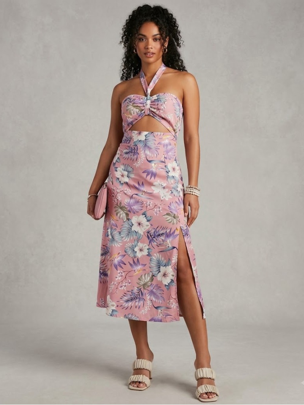 SHEIN Pink Tropical Strapless Midi Dress